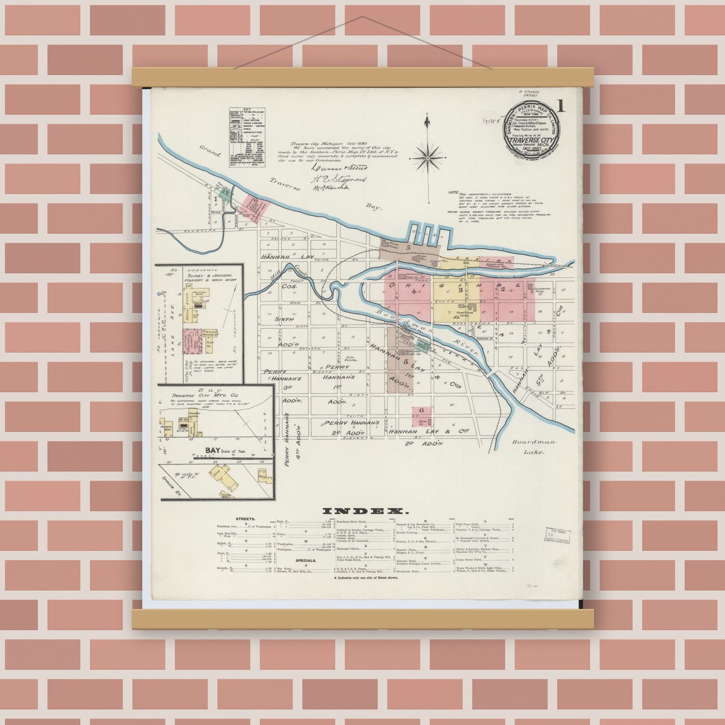 Old map wall art mockup — magnetic wood frame on brick wall — Sanborn Fire Insurance Map from Traverse City, Grand Traverse County, Michigan (1890), Sheet #0001