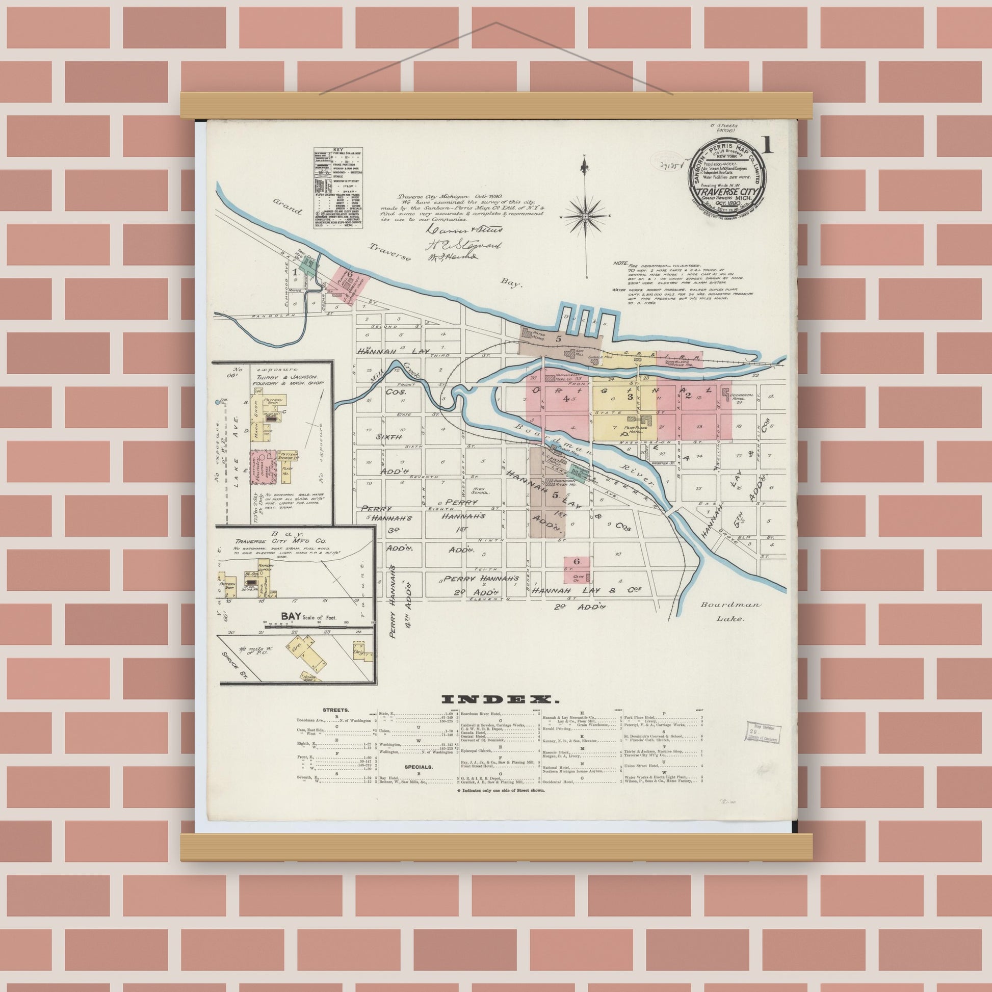 Old map wall art mockup — magnetic wood frame on brick wall — Sanborn Fire Insurance Map from Traverse City, Grand Traverse County, Michigan (1890), Sheet #0001