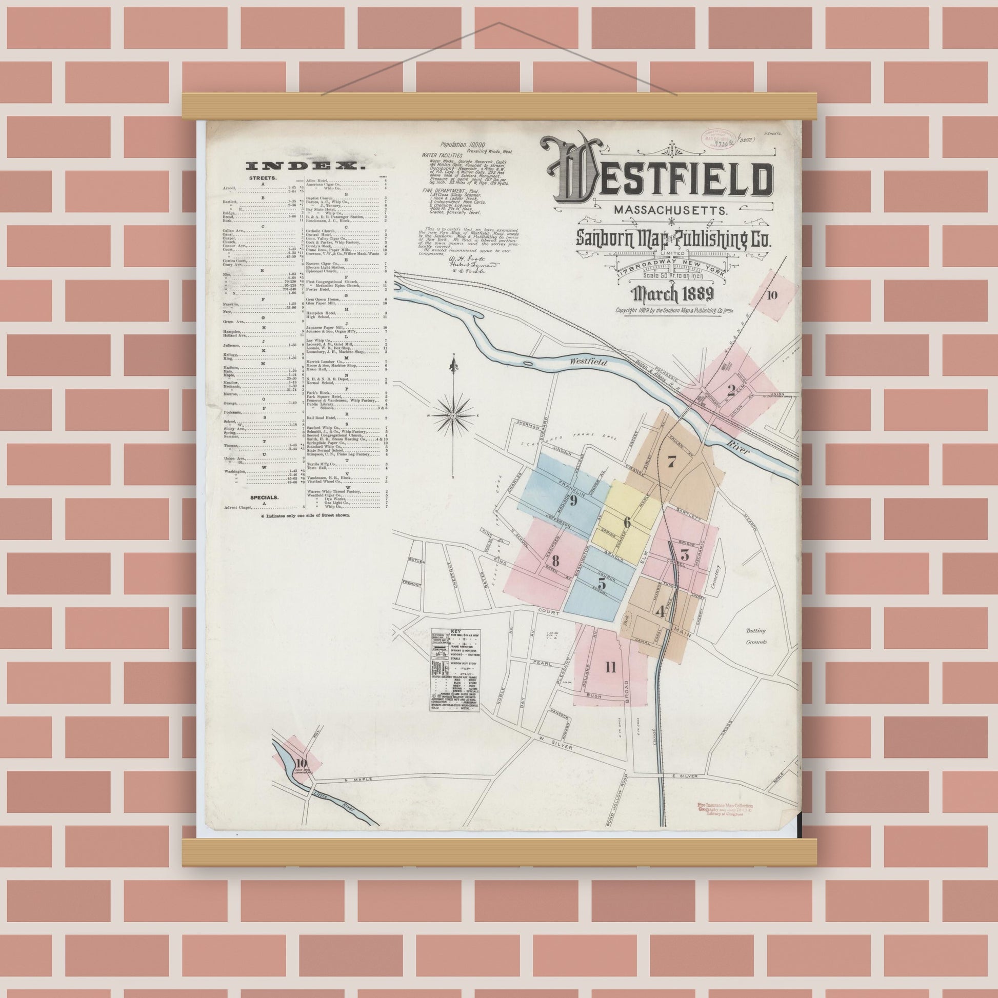 Old map wall art mockup — magnetic wood frame on brick wall — Sanborn Fire Insurance Map from Westfield, Hampden County, Massachusetts (1889) - Complete Map Set