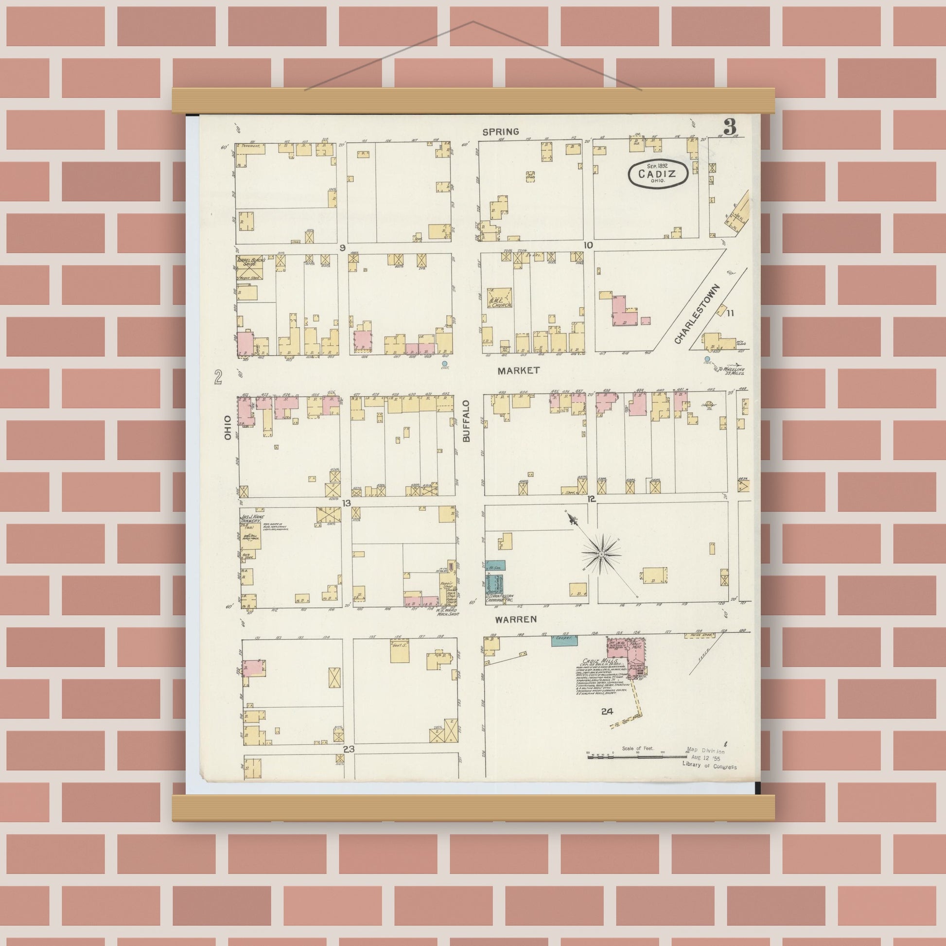 Old map wall art mockup — magnetic wood frame on brick wall — Sanborn Fire Insurance Map from Cadiz, Harrison County, Ohio (1892), Sheet #0003