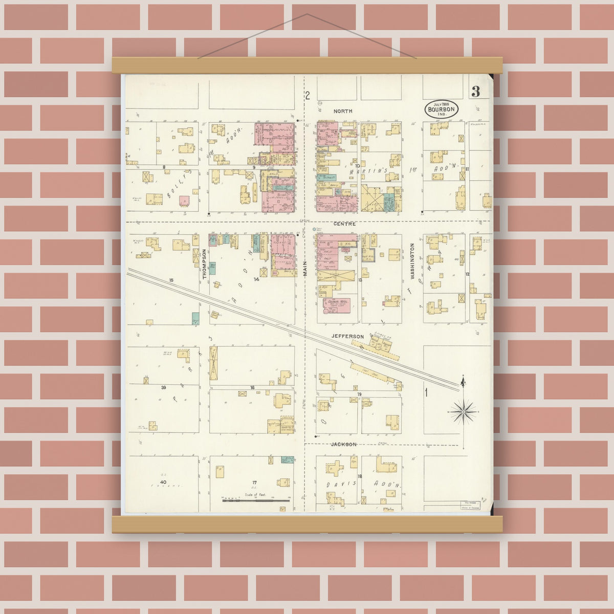 Old map wall art mockup — magnetic wood frame on brick wall — Sanborn Fire Insurance Map from Bourbon, Marshall County, Indiana (1905), Sheet #0003
