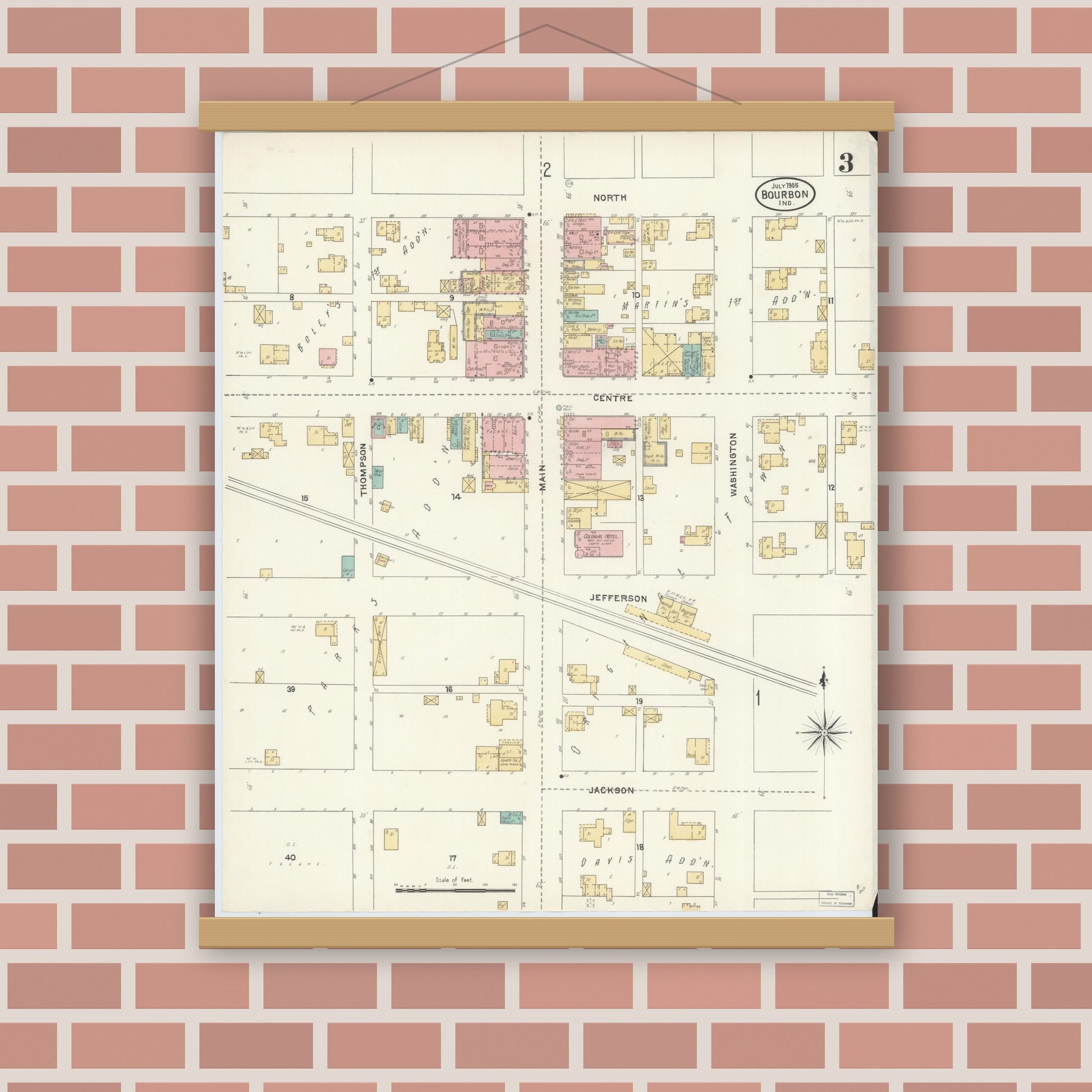 Old map wall art mockup — magnetic wood frame on brick wall — Sanborn Fire Insurance Map from Bourbon, Marshall County, Indiana (1905), Sheet #0003