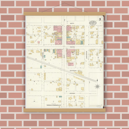 Old map wall art mockup — magnetic wood frame on brick wall — Sanborn Fire Insurance Map from Bourbon, Marshall County, Indiana (1905), Sheet #0003