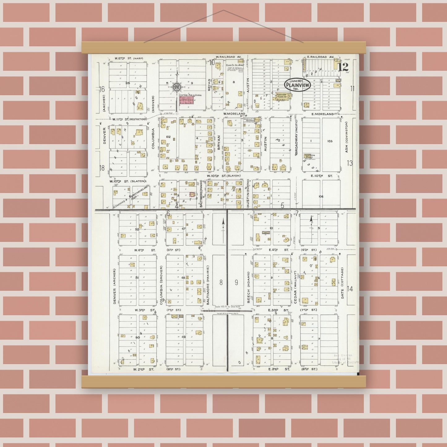 Old map wall art mockup — magnetic wood frame on brick wall — Sanborn Fire Insurance Map from Plainview, Hale County, Texas (1921), Sheet #0012