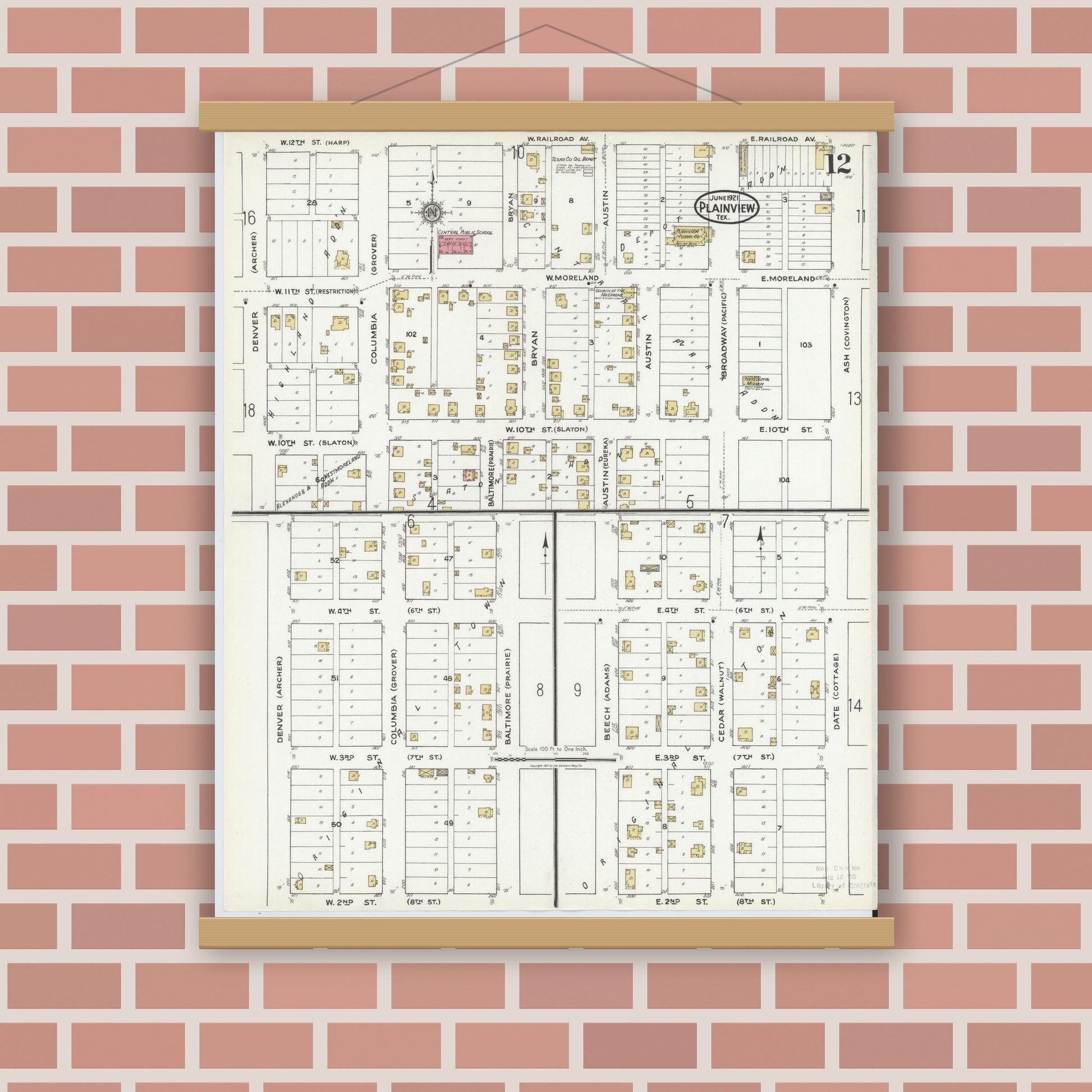 Old map wall art mockup — magnetic wood frame on brick wall — Sanborn Fire Insurance Map from Plainview, Hale County, Texas (1921), Sheet #0012