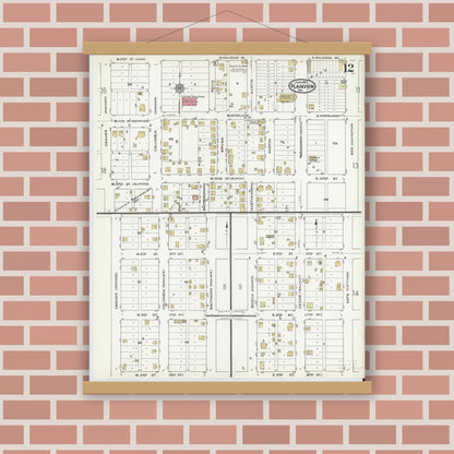Old map wall art mockup — magnetic wood frame on brick wall — Sanborn Fire Insurance Map from Plainview, Hale County, Texas (1921), Sheet #0012