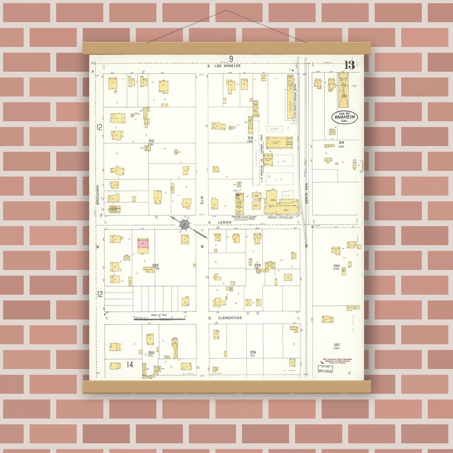 Old map wall art mockup — magnetic wood frame on brick wall — Sanborn Fire Insurance Map from Anaheim, Orange County, California (1911), Sheet #0013