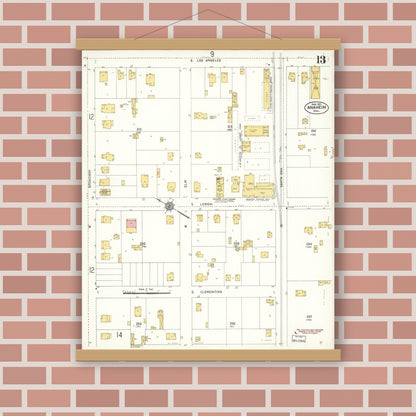 Old map wall art mockup — magnetic wood frame on brick wall — Sanborn Fire Insurance Map from Anaheim, Orange County, California (1911), Sheet #0013