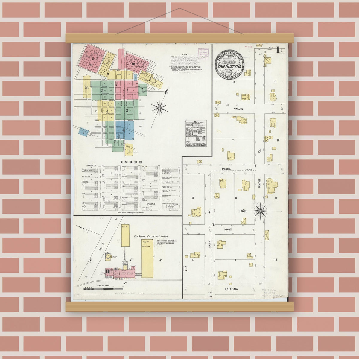 Old map wall art mockup — magnetic wood frame on brick wall — Sanborn Fire Insurance Map from Van Alstyne, Grayson County, Texas (1907), Sheet #0001