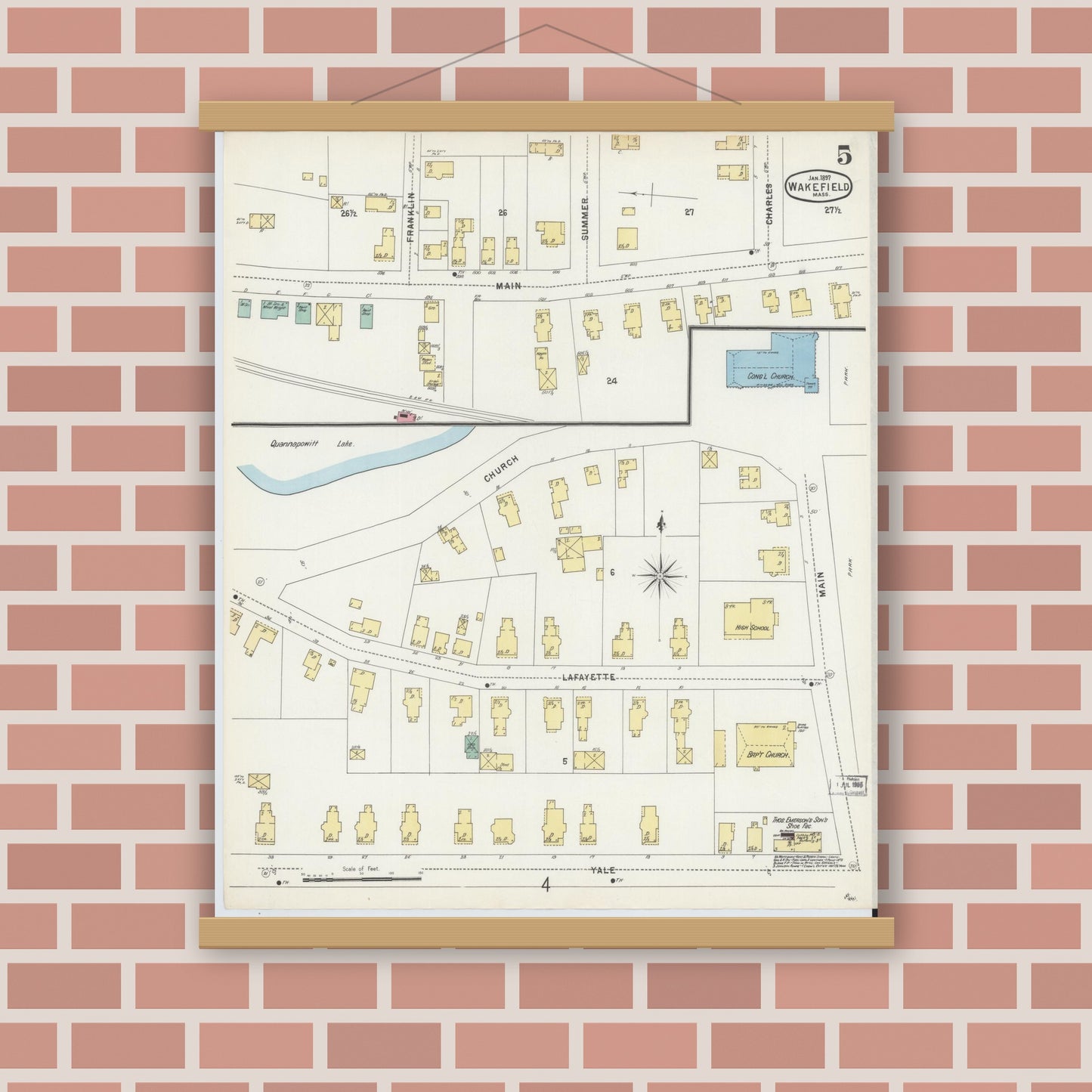 Old map wall art mockup — magnetic wood frame on brick wall — Sanborn Fire Insurance Map from Wakefield, Middlesex County, Massachusetts (1897), Sheet #0005