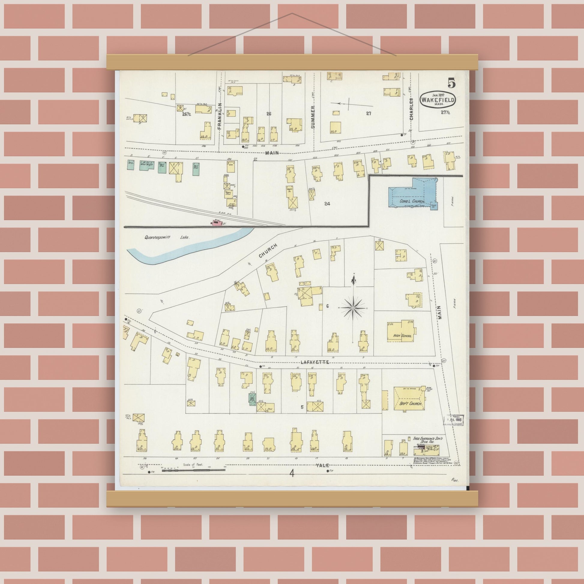 Old map wall art mockup — magnetic wood frame on brick wall — Sanborn Fire Insurance Map from Wakefield, Middlesex County, Massachusetts (1897), Sheet #0005