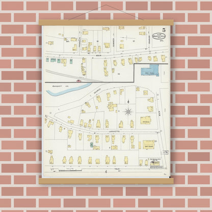 Old map wall art mockup — magnetic wood frame on brick wall — Sanborn Fire Insurance Map from Wakefield, Middlesex County, Massachusetts (1897), Sheet #0005