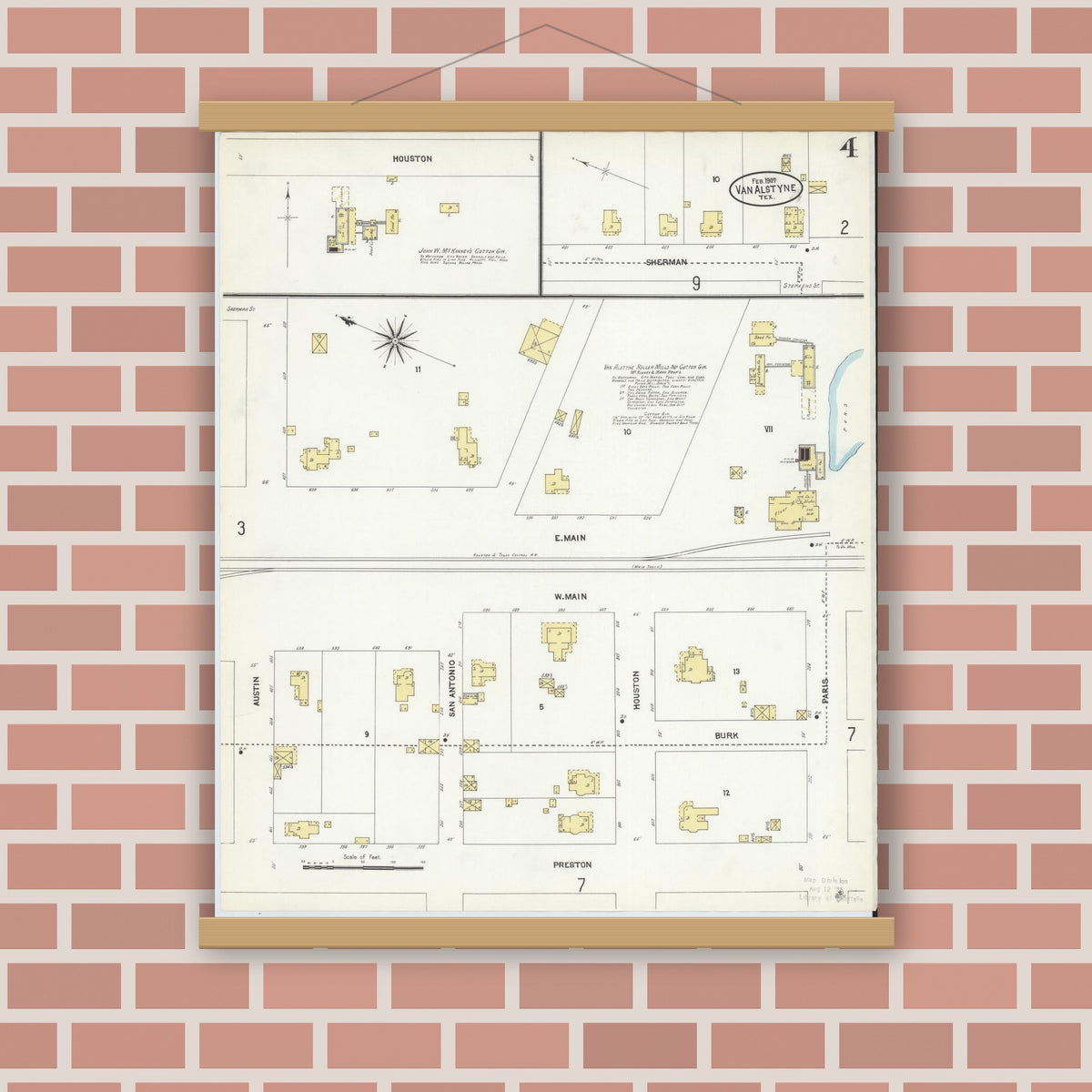 Old map wall art mockup — magnetic wood frame on brick wall — Sanborn Fire Insurance Map from Van Alstyne, Grayson County, Texas (1907), Sheet #0004