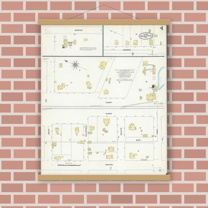 Old map wall art mockup — magnetic wood frame on brick wall — Sanborn Fire Insurance Map from Van Alstyne, Grayson County, Texas (1907), Sheet #0004