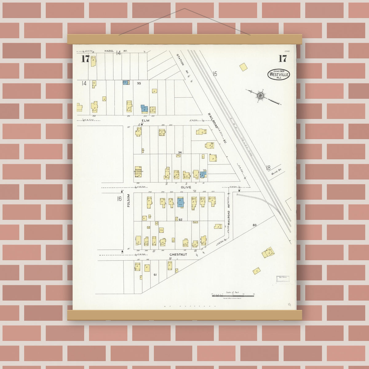 Old map wall art mockup — magnetic wood frame on brick wall — Sanborn Fire Insurance Map from Westville, Gloucester County, New Jersey (1926), Sheet #0017