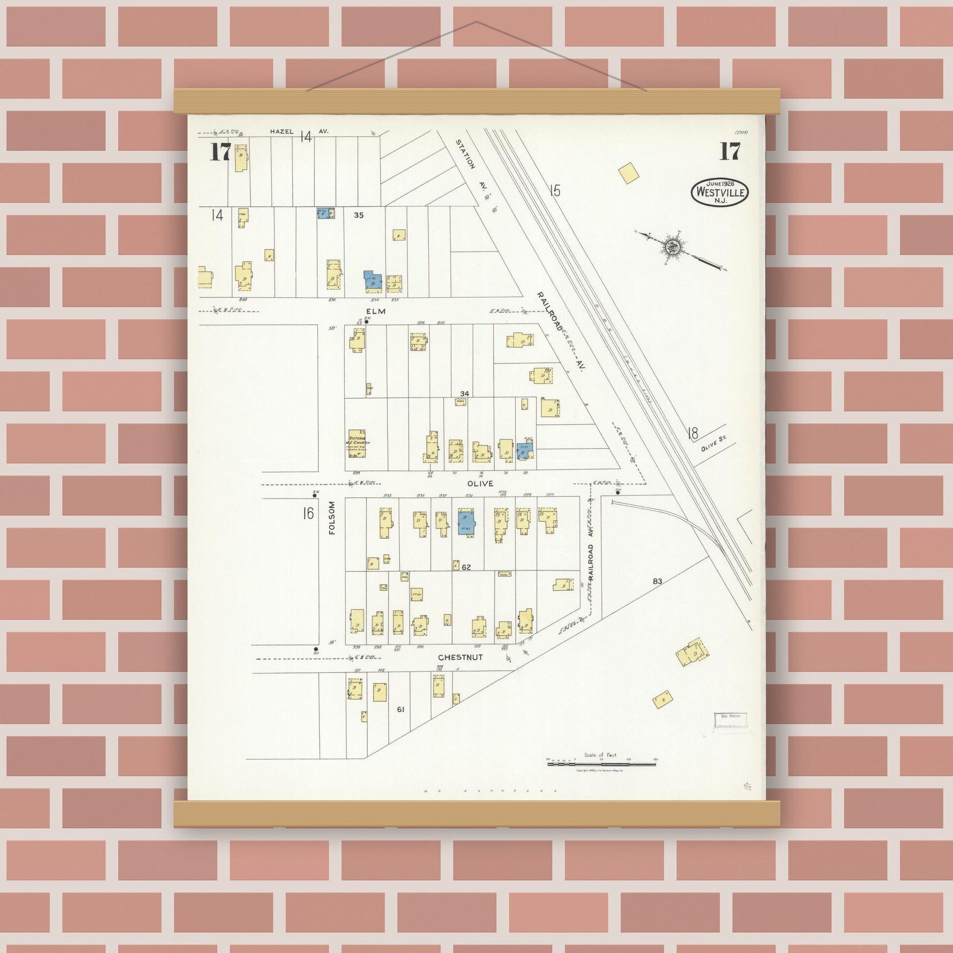 Old map wall art mockup — magnetic wood frame on brick wall — Sanborn Fire Insurance Map from Westville, Gloucester County, New Jersey (1926), Sheet #0017