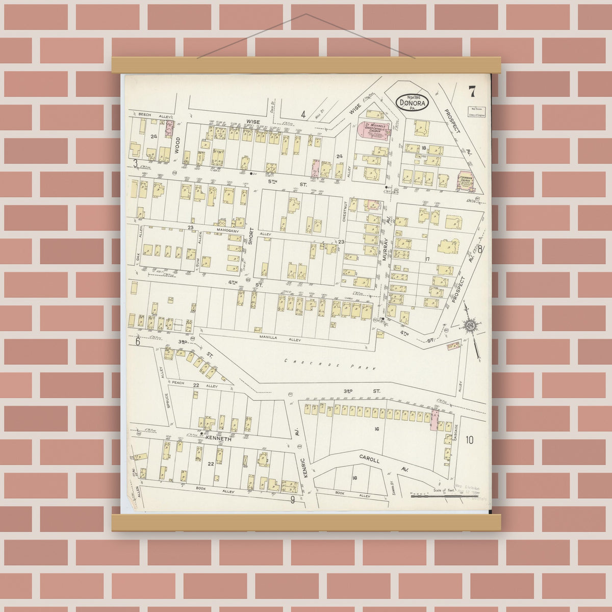 Old map wall art mockup — magnetic wood frame on brick wall — Sanborn Fire Insurance Map from Donora, Washington County, Pennsylvania (1914), Sheet #0007