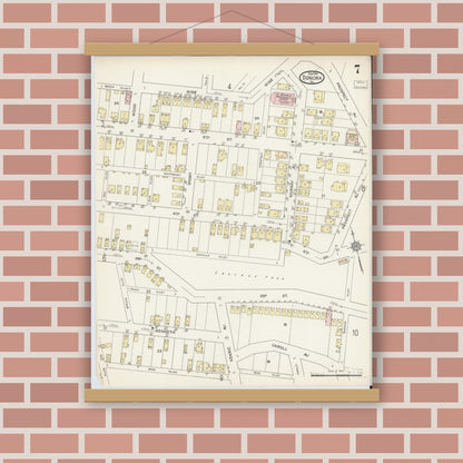 Old map wall art mockup — magnetic wood frame on brick wall — Sanborn Fire Insurance Map from Donora, Washington County, Pennsylvania (1914), Sheet #0007