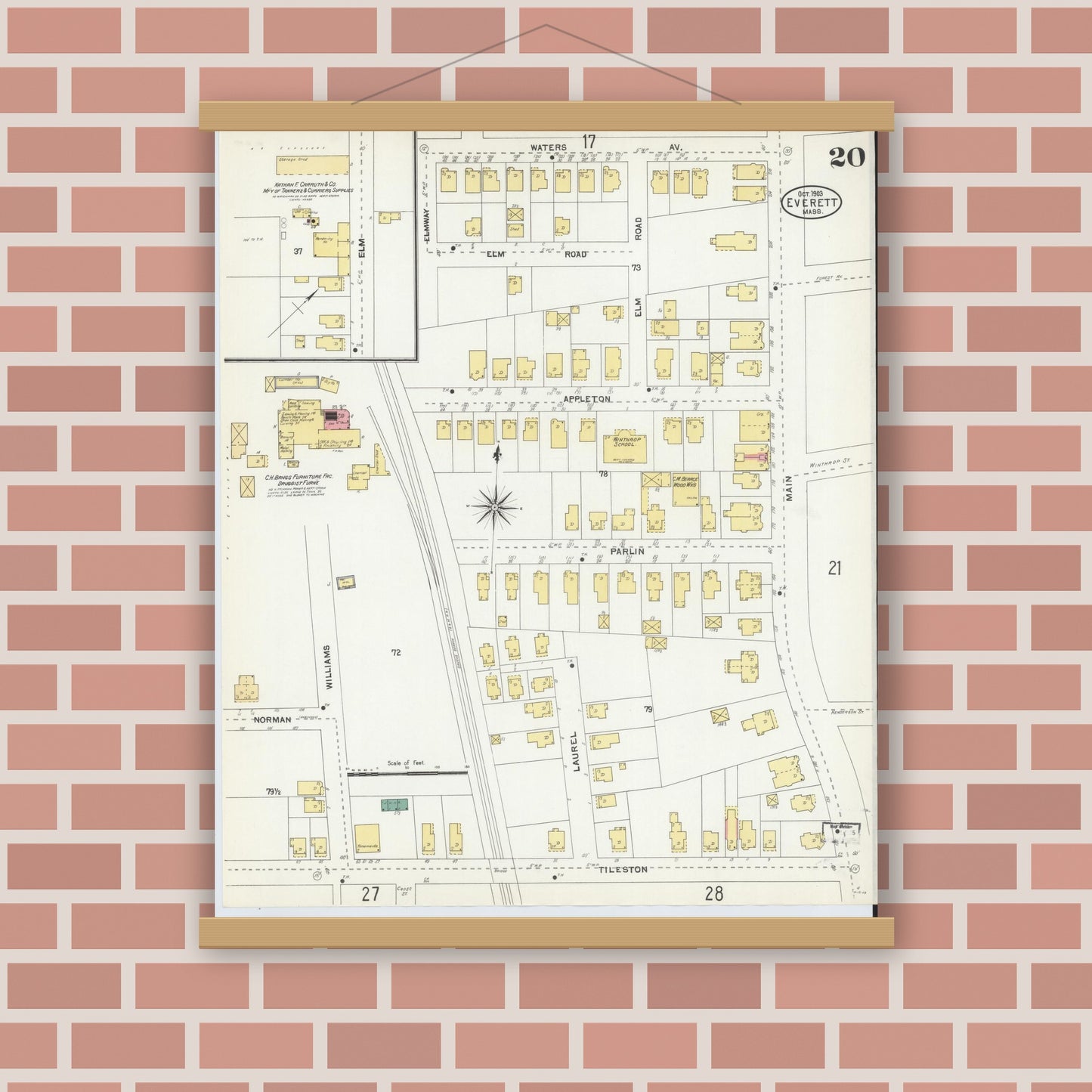 Old map wall art mockup — magnetic wood frame on brick wall — Sanborn Fire Insurance Map from Everett, Middlesex County, Massachusetts (1903), Sheet #0020