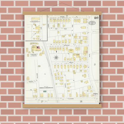 Old map wall art mockup — magnetic wood frame on brick wall — Sanborn Fire Insurance Map from Everett, Middlesex County, Massachusetts (1903), Sheet #0020