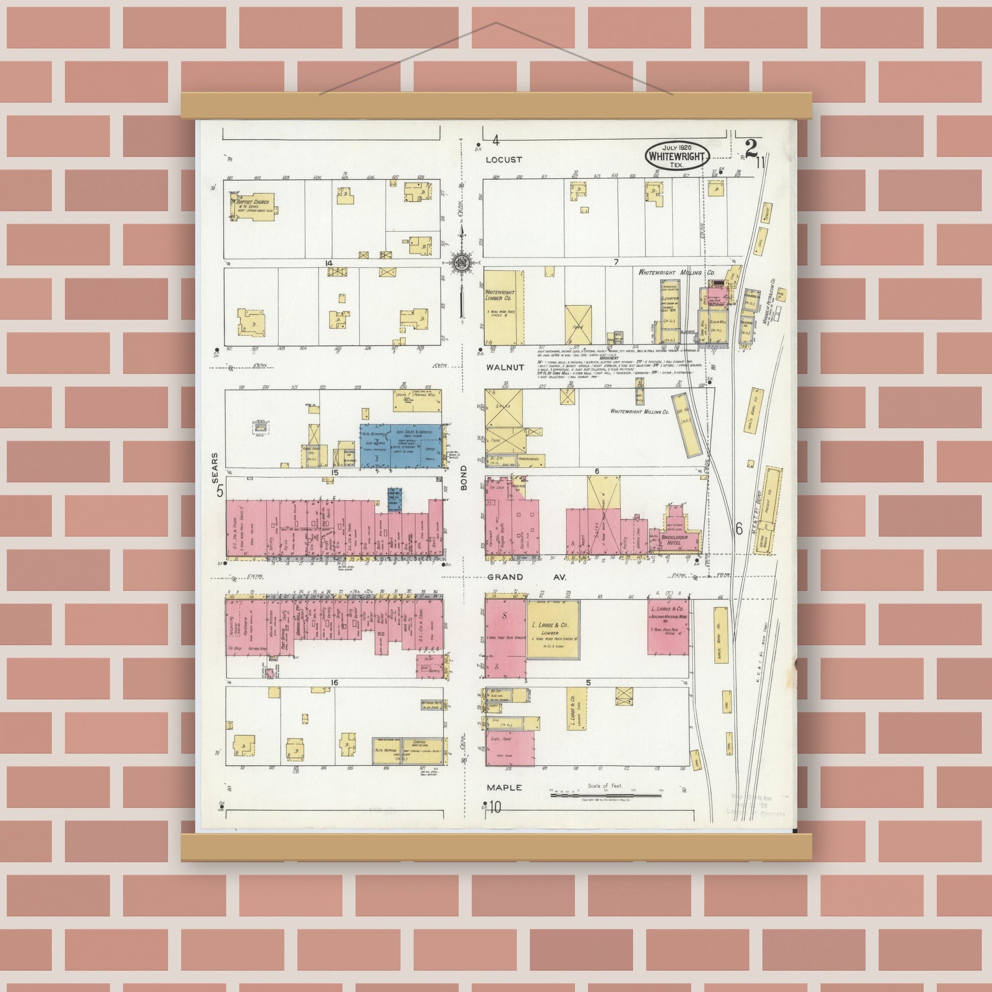 Old map wall art mockup — magnetic wood frame on brick wall — Sanborn Fire Insurance Map from Whitewright, Grayson County, Texas (1920), Sheet #0002