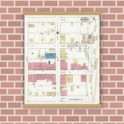 Old map wall art mockup — magnetic wood frame on brick wall — Sanborn Fire Insurance Map from Whitewright, Grayson County, Texas (1920), Sheet #0002