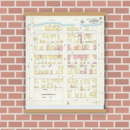Old map wall art mockup — magnetic wood frame on brick wall — Sanborn Fire Insurance Map from Lansingburg, Rensselaer County, New York (1897), Sheet #0006