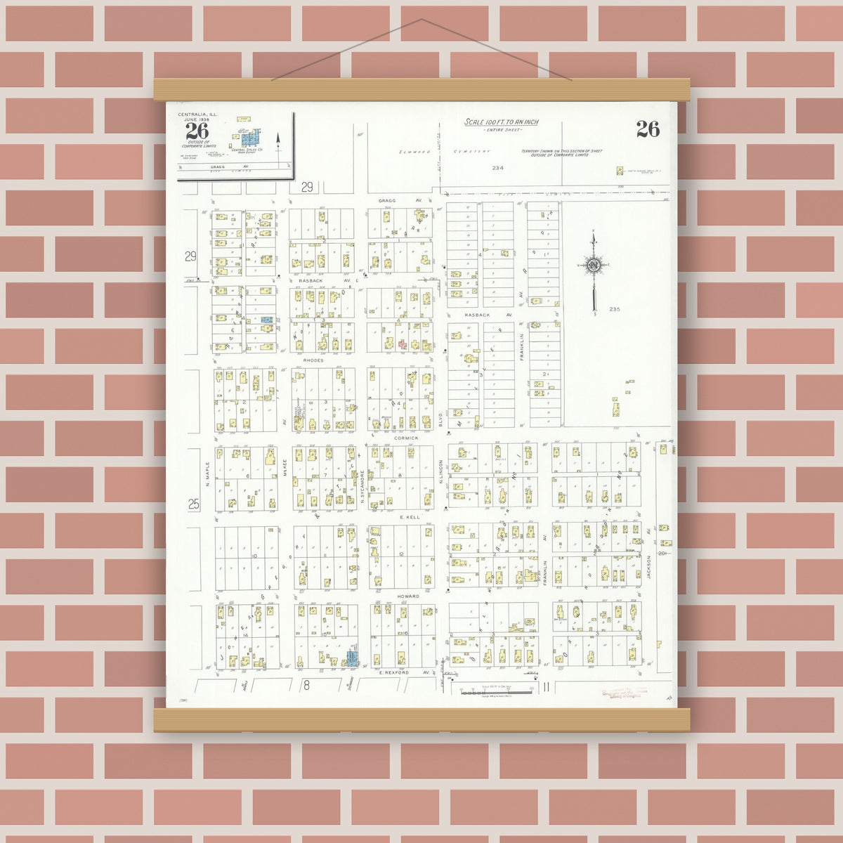 Old map wall art mockup — magnetic wood frame on brick wall — Sanborn Fire Insurance Map from Centralia, Marion, Clinton, Jefferson, and Washington Counties, Illinois (1938), Sheet #0026