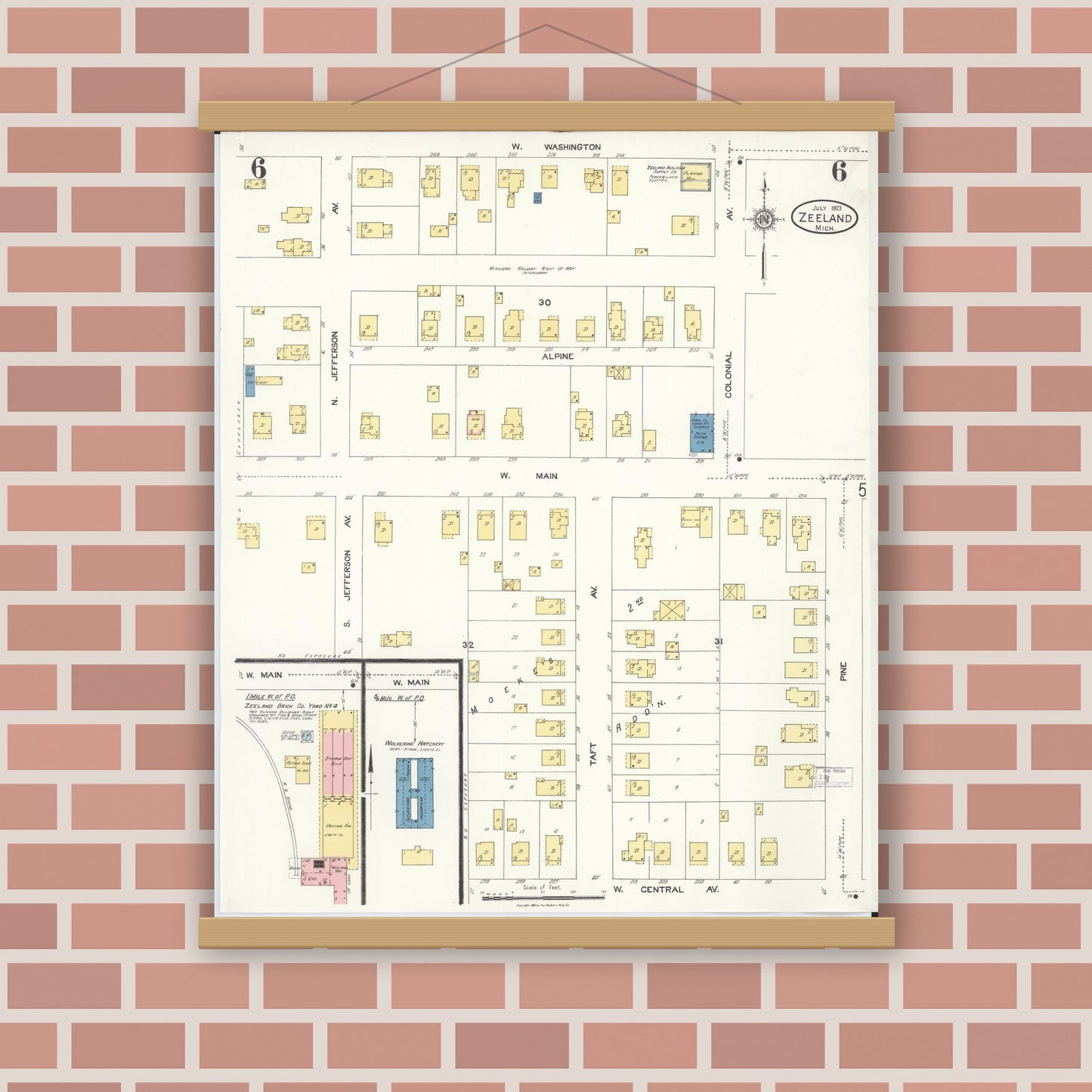 Old map wall art mockup — magnetic wood frame on brick wall — Sanborn Fire Insurance Map from Zeeland, Ottawa County, Michigan (1923), Sheet #0006