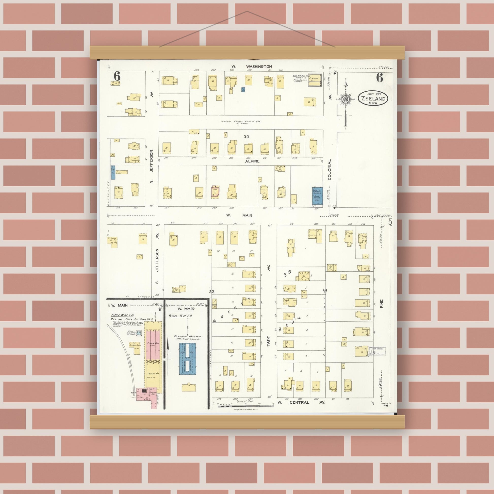 Old map wall art mockup — magnetic wood frame on brick wall — Sanborn Fire Insurance Map from Zeeland, Ottawa County, Michigan (1923), Sheet #0006