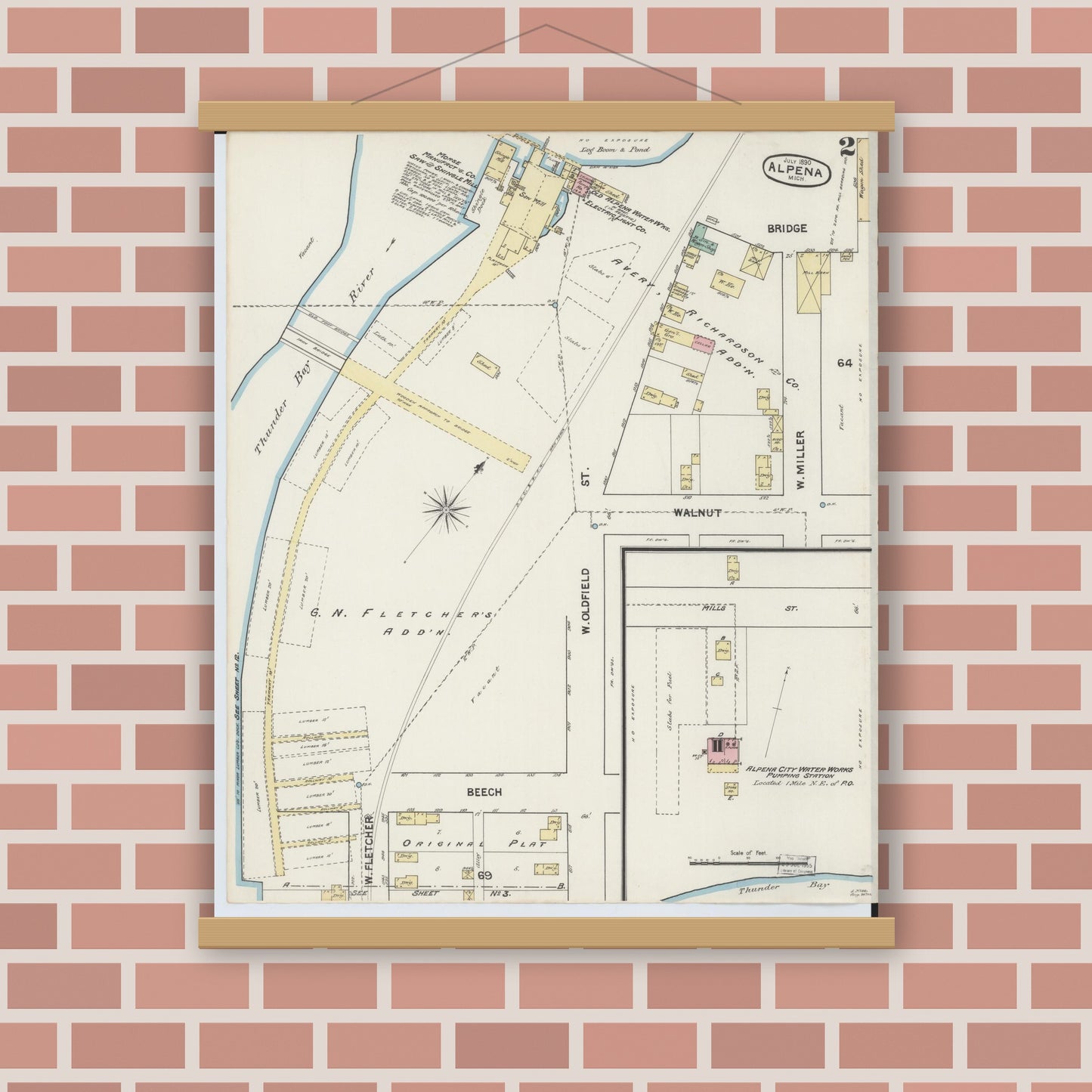 Old map wall art mockup — magnetic wood frame on brick wall — Sanborn Fire Insurance Map from Alpena, Alpena County, Michigan (1890), Sheet #0002