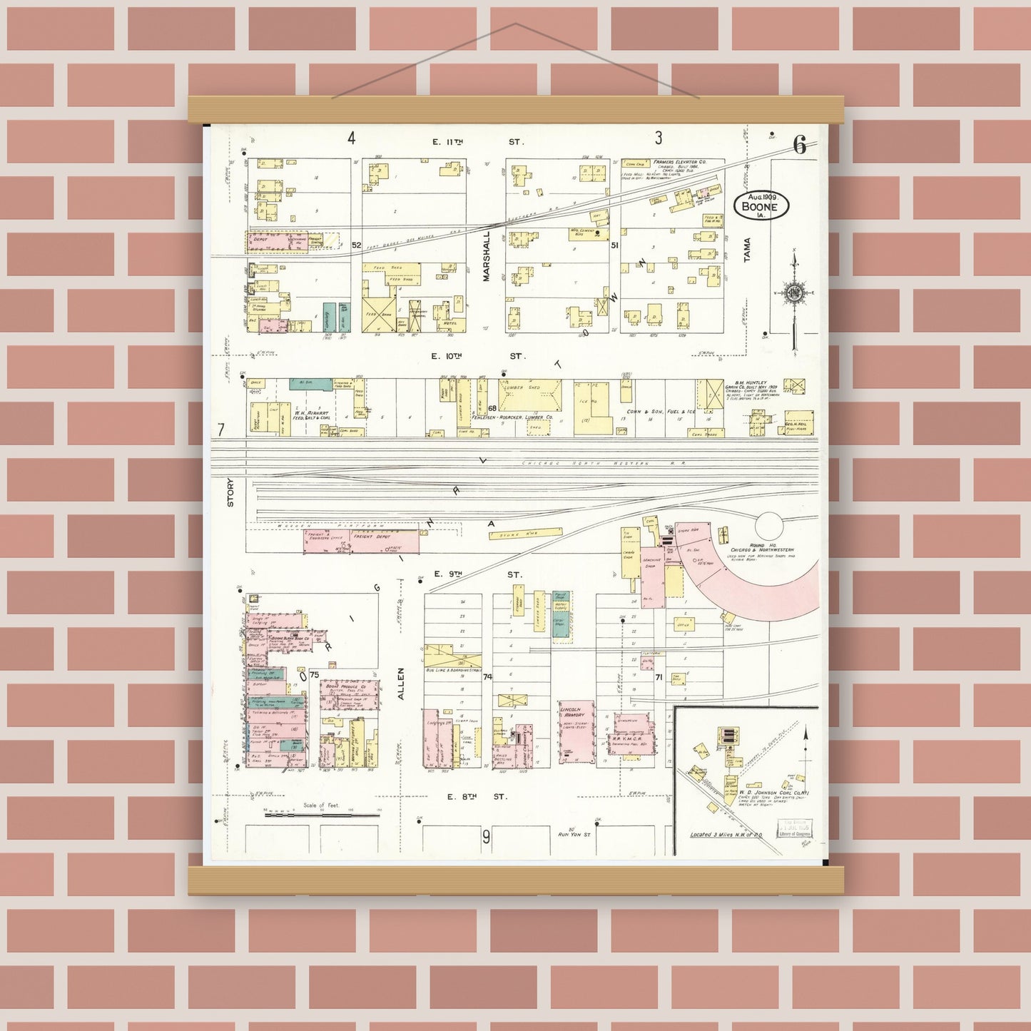 Old map wall art mockup — magnetic wood frame on brick wall — Sanborn Fire Insurance Map from Boone, Boone County, Iowa (1909), Sheet #0006
