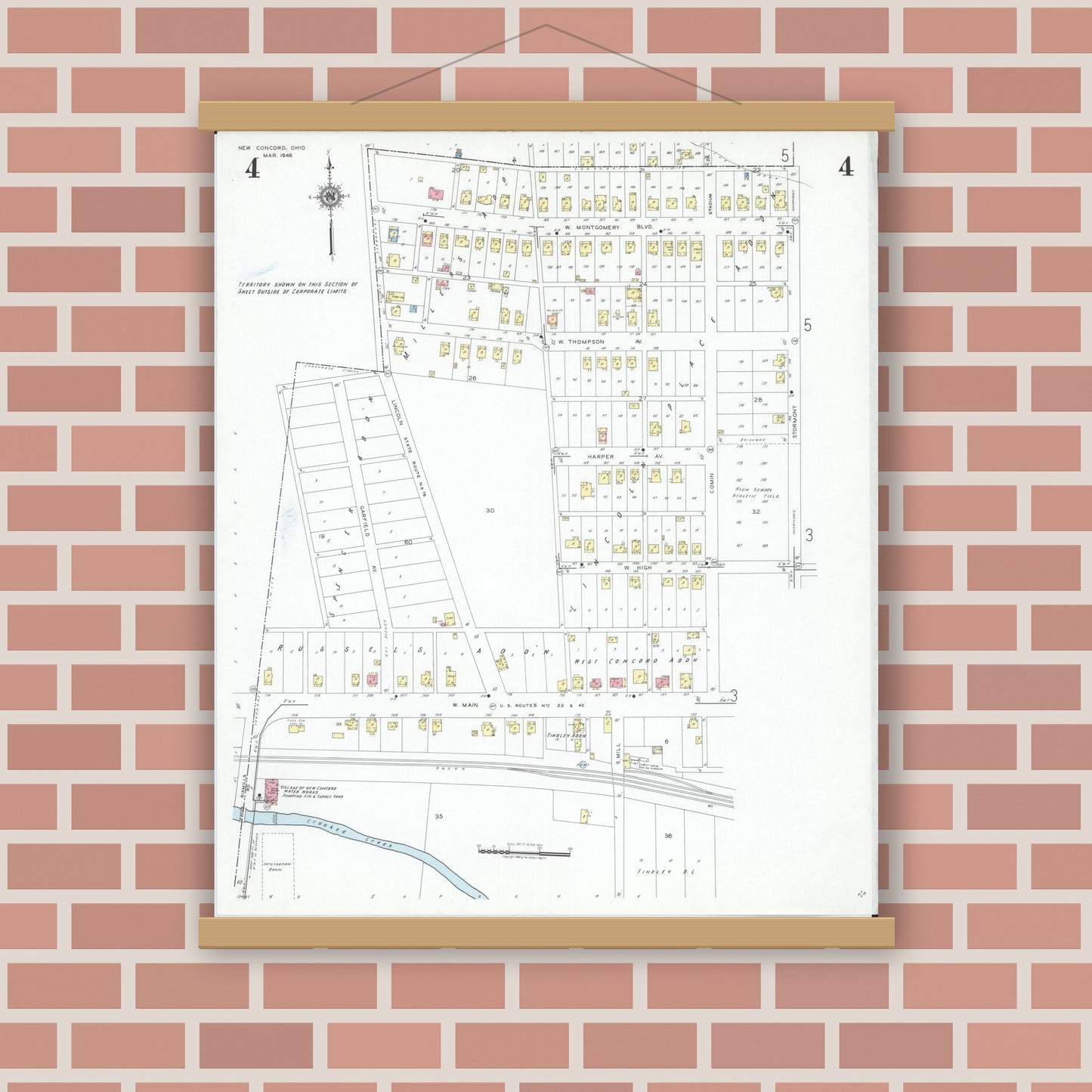Old map wall art mockup — magnetic wood frame on brick wall — Sanborn Fire Insurance Map from New Concord, Muskingum County, Ohio (1946), Sheet #0004
