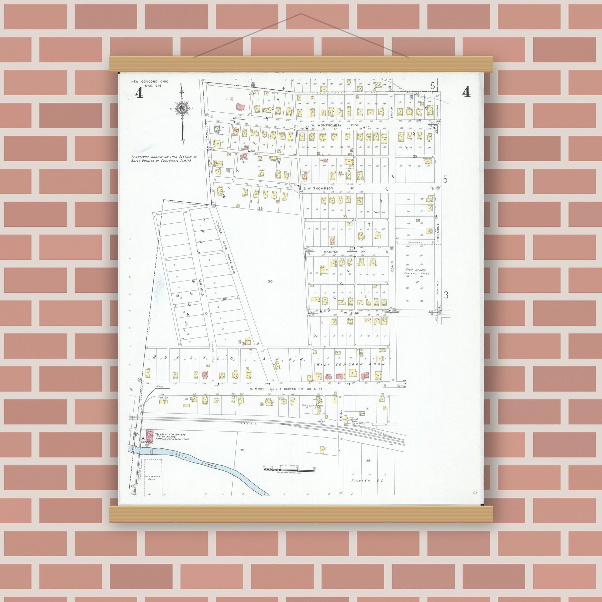 Old map wall art mockup — magnetic wood frame on brick wall — Sanborn Fire Insurance Map from New Concord, Muskingum County, Ohio (1946), Sheet #0004