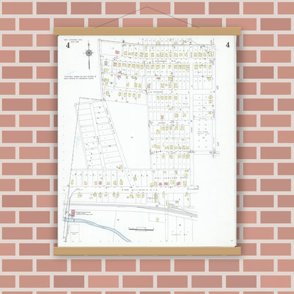 Old map wall art mockup — magnetic wood frame on brick wall — Sanborn Fire Insurance Map from New Concord, Muskingum County, Ohio (1946), Sheet #0004
