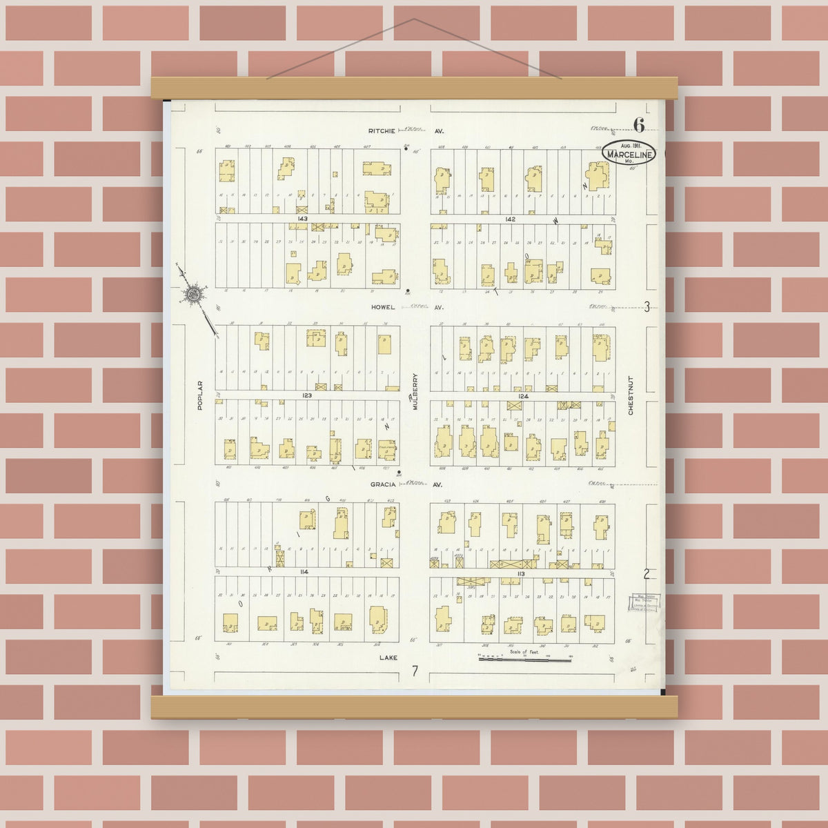 Old map wall art mockup — magnetic wood frame on brick wall — Sanborn Fire Insurance Map from Marceline, Linn County, Missouri (1911), Sheet #0006