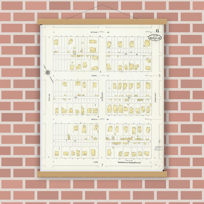 Old map wall art mockup — magnetic wood frame on brick wall — Sanborn Fire Insurance Map from Marceline, Linn County, Missouri (1911), Sheet #0006