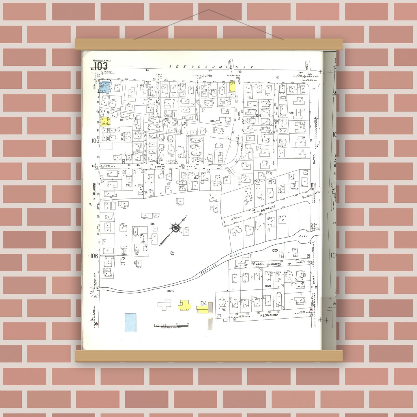 Old map wall art mockup — magnetic wood frame on brick wall — Sanborn Fire Insurance Map from Honolulu, Oahu County, Hawaii (1955), Sheet #0103