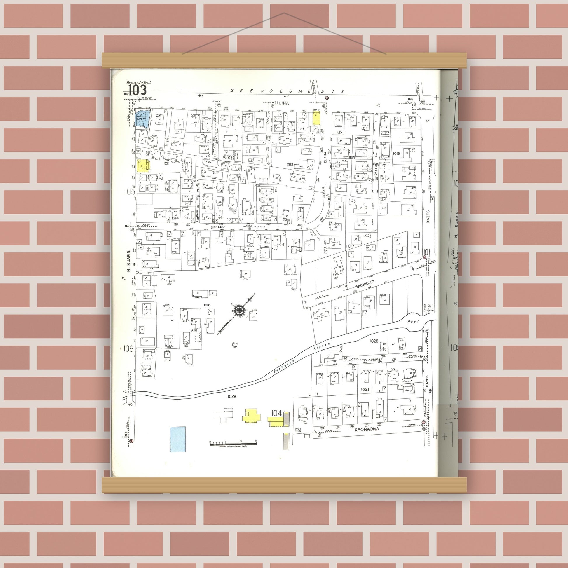 Old map wall art mockup — magnetic wood frame on brick wall — Sanborn Fire Insurance Map from Honolulu, Oahu County, Hawaii (1955), Sheet #0103