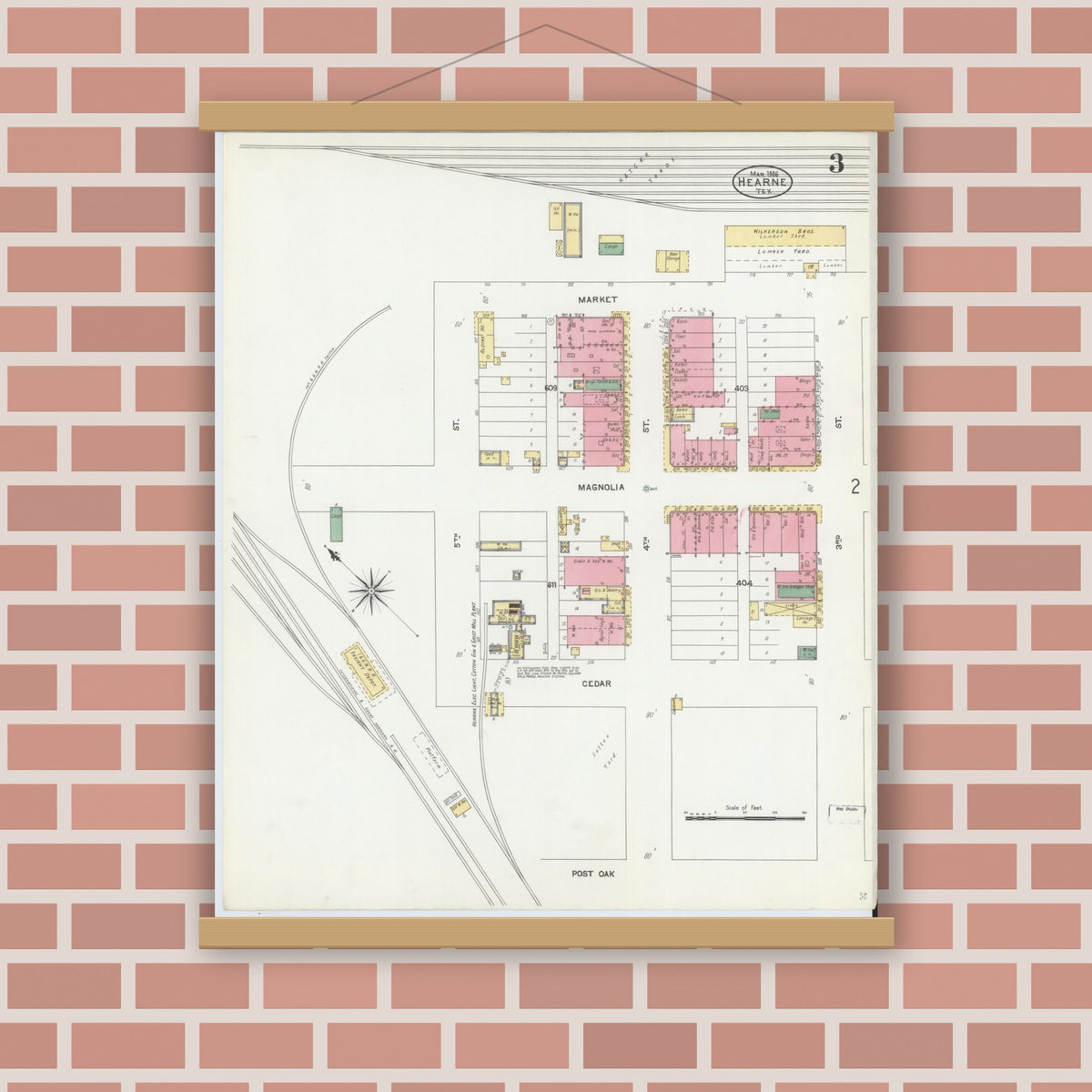 Old map wall art mockup — magnetic wood frame on brick wall — Sanborn Fire Insurance Map from Hearne, Robertson County, Texas (1906), Sheet #0003