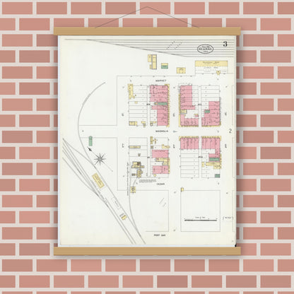 Old map wall art mockup — magnetic wood frame on brick wall — Sanborn Fire Insurance Map from Hearne, Robertson County, Texas (1906), Sheet #0003