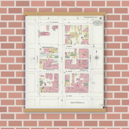 Old map wall art mockup — magnetic wood frame on brick wall — Sanborn Fire Insurance Map from Kalamazoo, Kalamazoo County, Michigan (1896), Sheet #0009