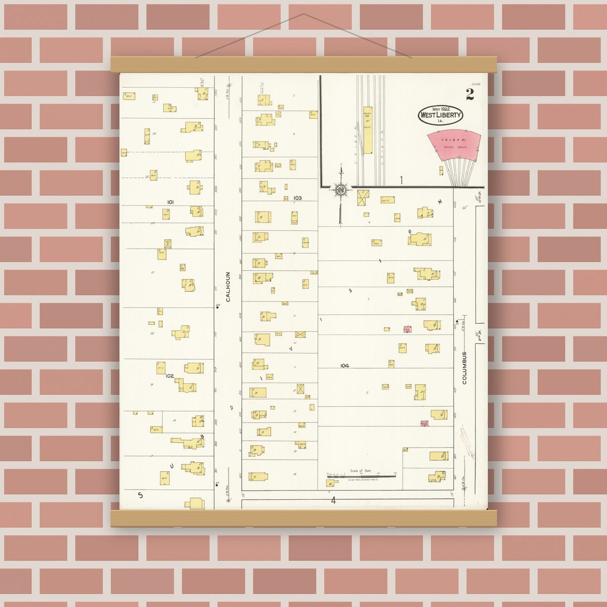 Old map wall art mockup — magnetic wood frame on brick wall — Sanborn Fire Insurance Map from West Liberty, Muscatine County, Iowa (1922), Sheet #0002