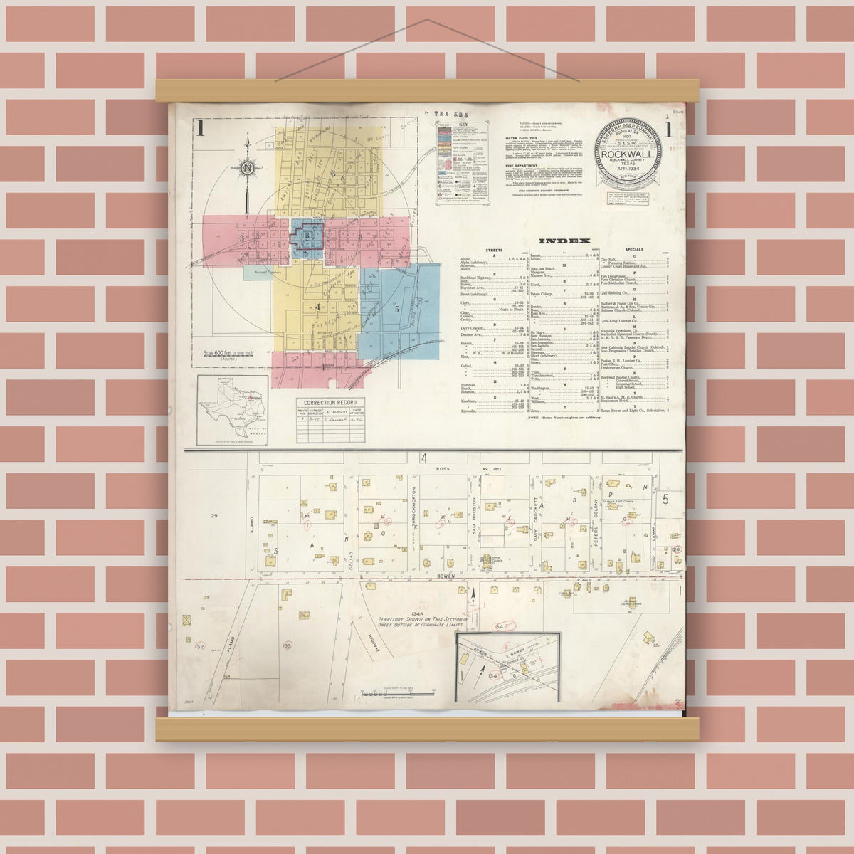 Old map wall art mockup — magnetic wood frame on brick wall — Sanborn Fire Insurance Map from Rockwall, Rockwall County, Texas (1945) - Complete Map Set