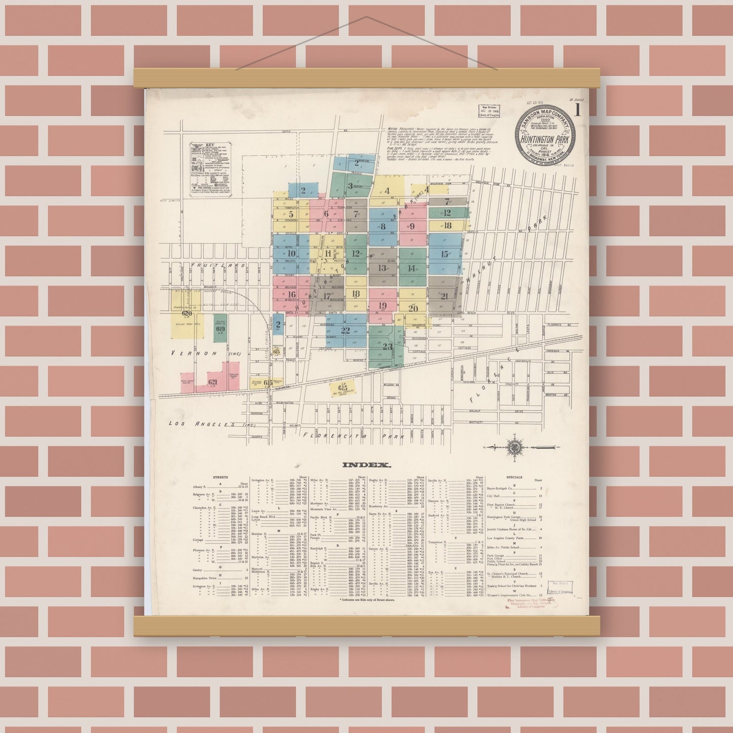 Old map wall art mockup — magnetic wood frame on brick wall — Sanborn Fire Insurance Map from Huntington Park, Los Angeles County, California (1916), Sheet #0001