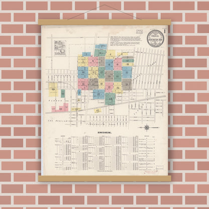 Old map wall art mockup — magnetic wood frame on brick wall — Sanborn Fire Insurance Map from Huntington Park, Los Angeles County, California (1916), Sheet #0001