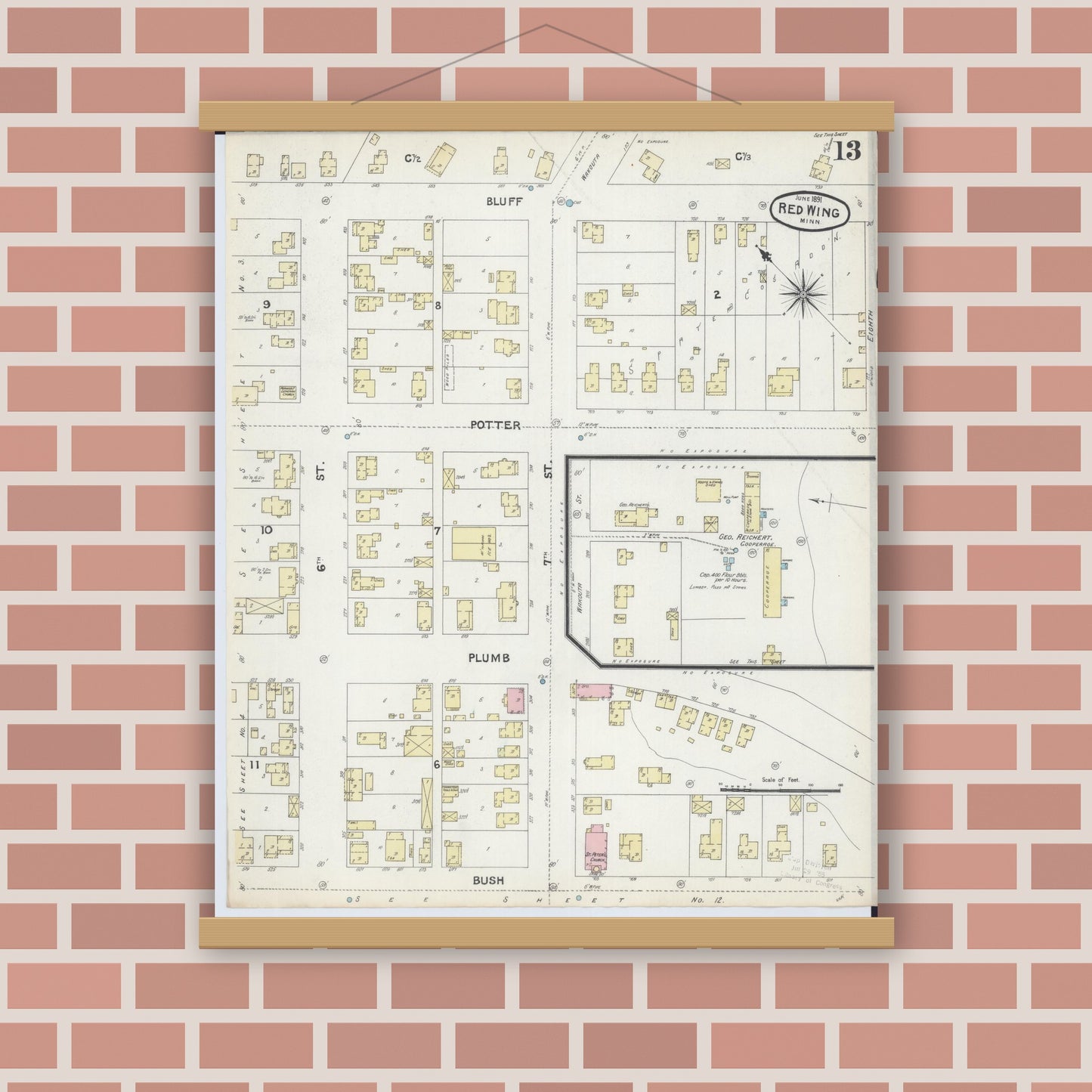 Old map wall art mockup — magnetic wood frame on brick wall — Sanborn Fire Insurance Map from Red Wing, Goodhue County, Minnesota (1891), Sheet #0013