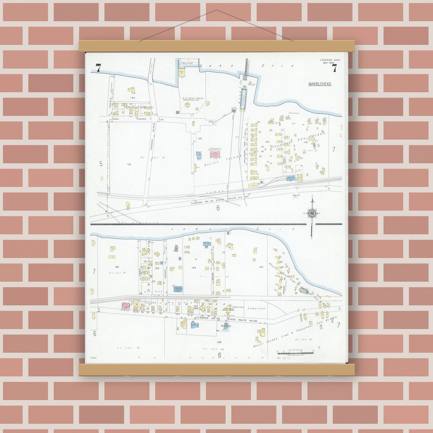 Old map wall art mockup — magnetic wood frame on brick wall — Sanborn Fire Insurance Map from Lakeside, Ottawa County, Ohio (1946), Sheet #0007