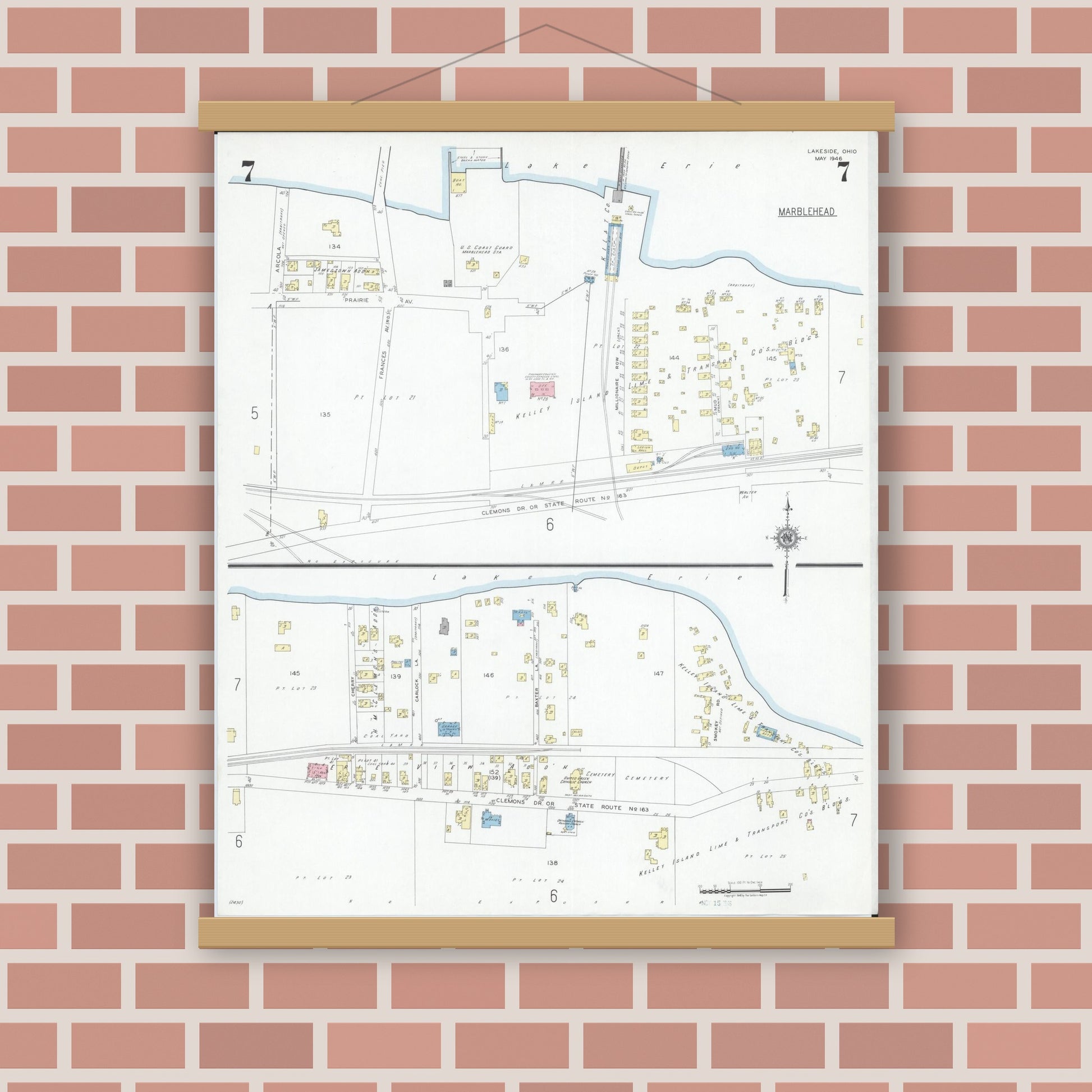 Old map wall art mockup — magnetic wood frame on brick wall — Sanborn Fire Insurance Map from Lakeside, Ottawa County, Ohio (1946), Sheet #0007