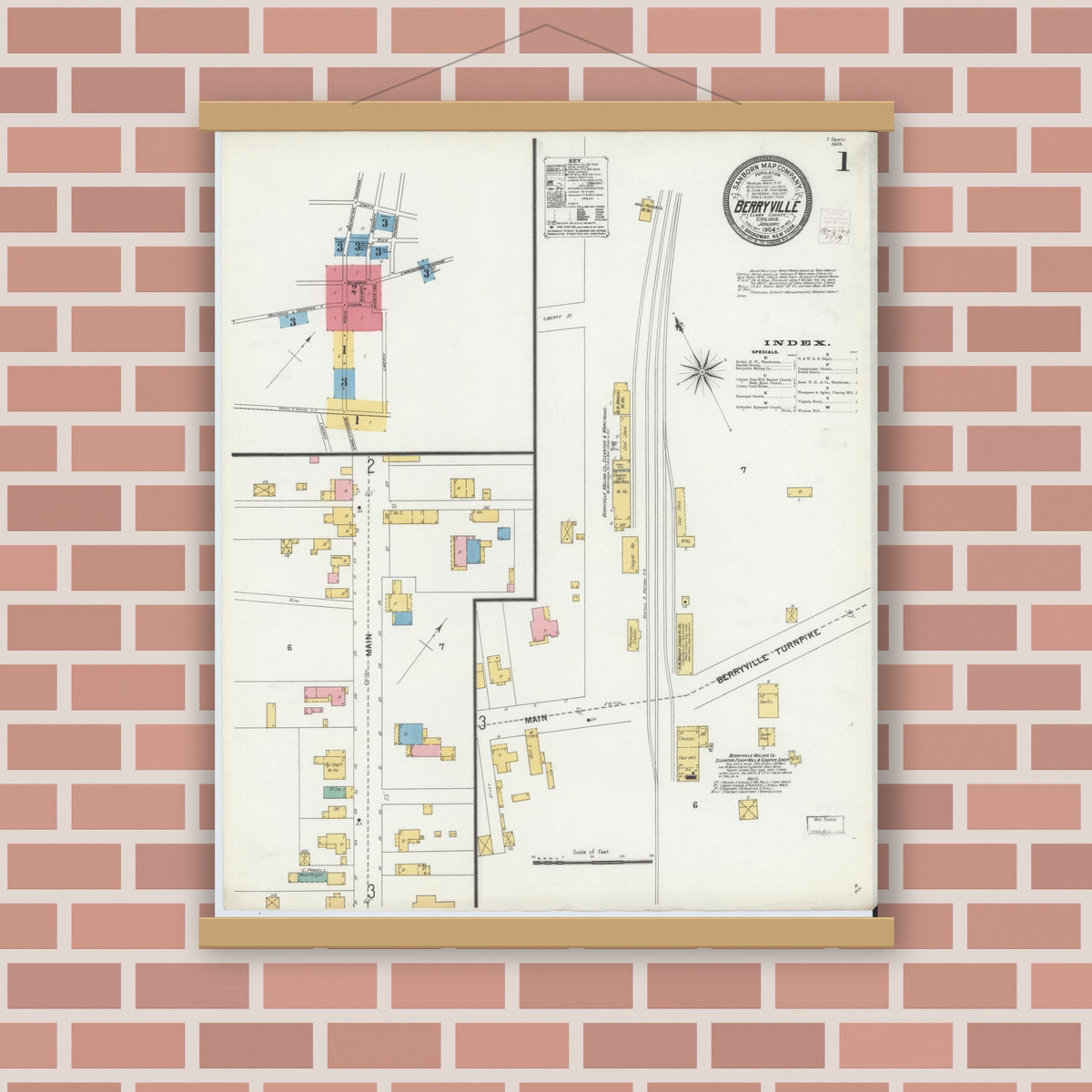 Old map wall art mockup — magnetic wood frame on brick wall — Sanborn Fire Insurance Map from Berryville, Clark County, Virginia (1904), Sheet #0001